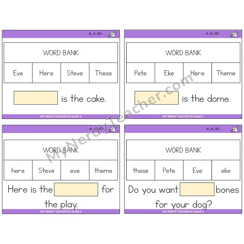 Long E VCe (e_e) Missing Words Task Cards — Decodable Sentences