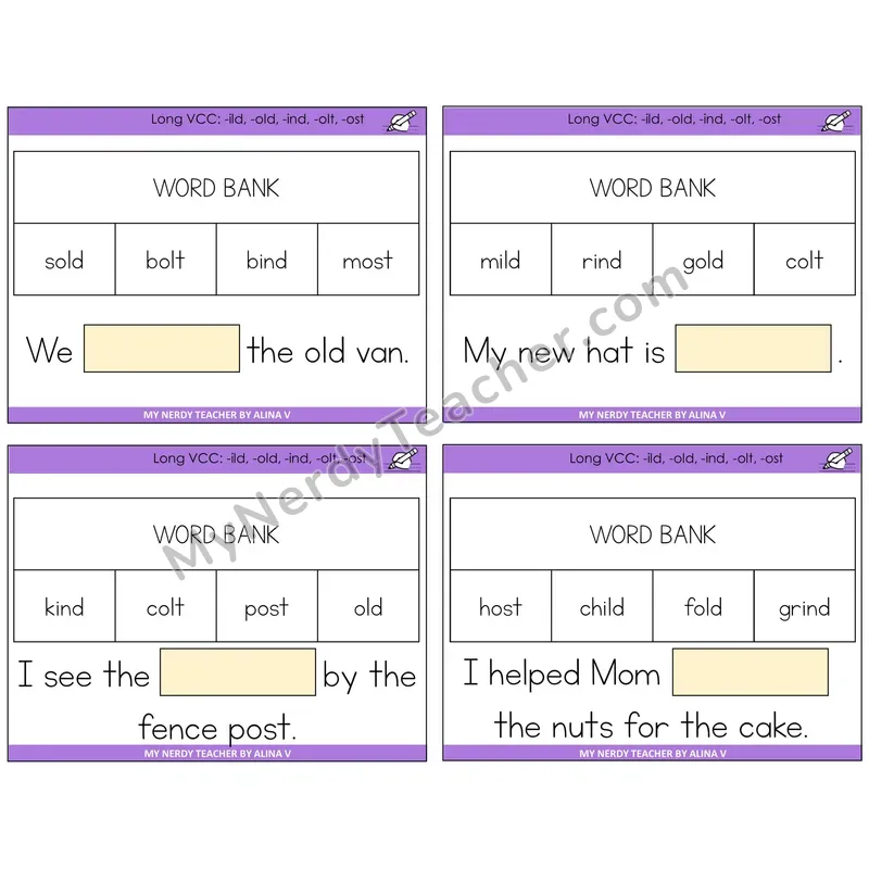 Long VCC Patterns Missing Words Task Cards — Decodable Sentences