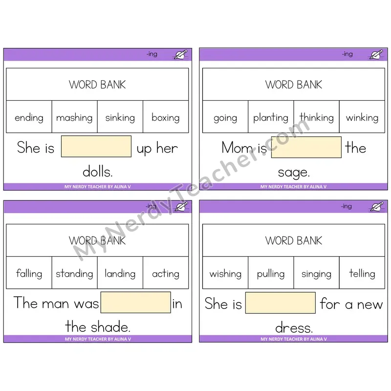 Suffix -ing Missing Words Task Cards — Decodable Sentences