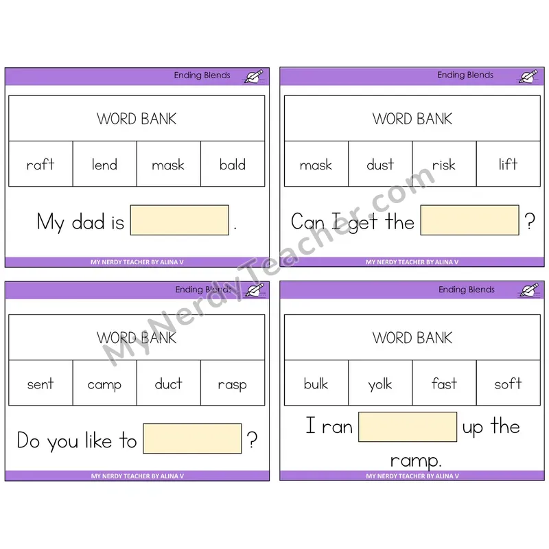 Ending Blends Missing Words Task Cards — Decodable Sentences