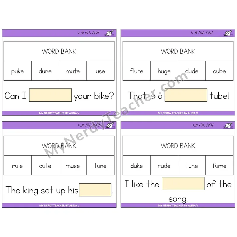 Long U VCe (u_e) Missing Words Task Cards — Decodable Sentences