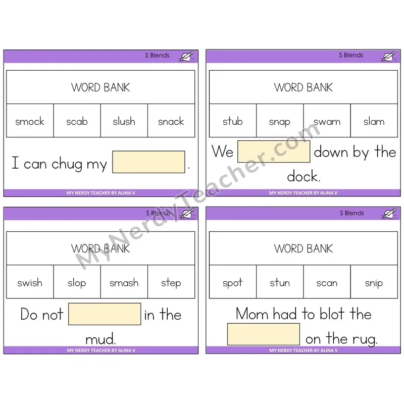 S Blends Missing Words Task Cards — Decodable Sentences