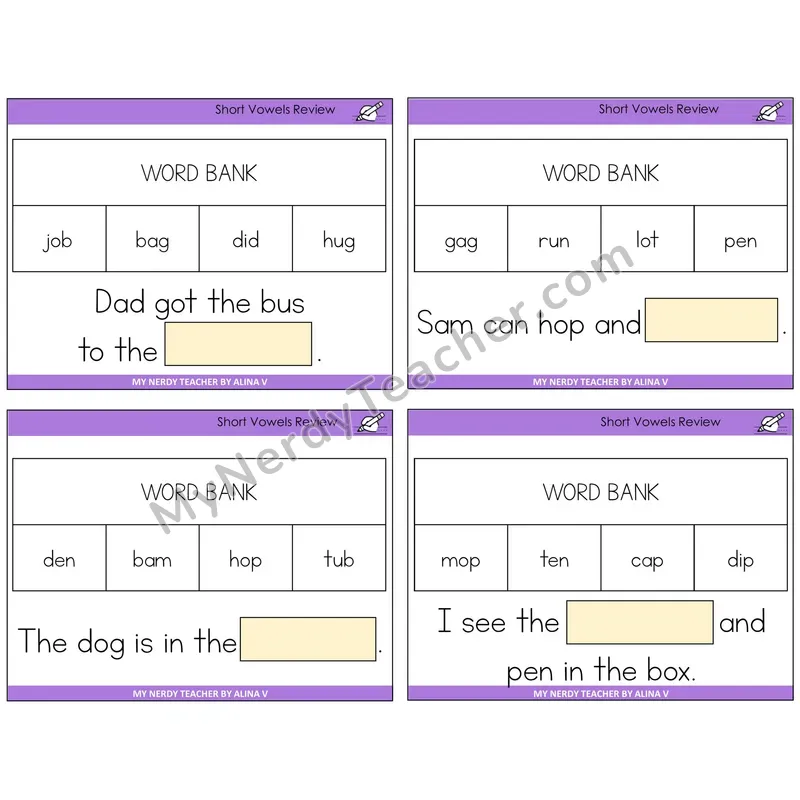 Short Vowels Review Missing Words Task Cards — Decodable Sentences