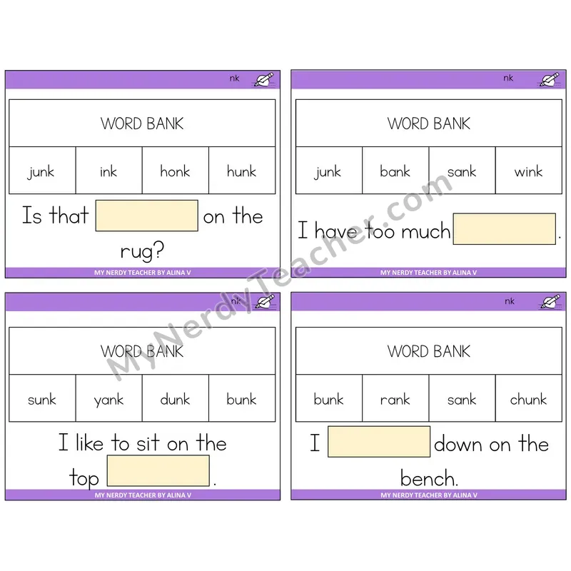 NK Digraph Missing Words Task Cards — Decodable Sentences