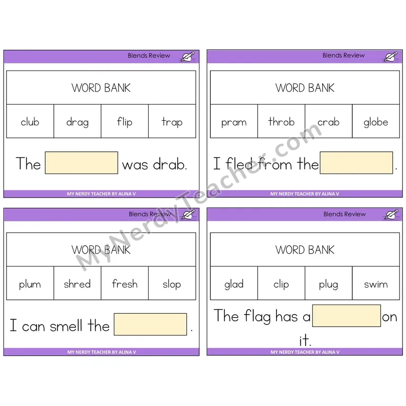 Blends Review Missing Words Task Cards — Decodable Sentences