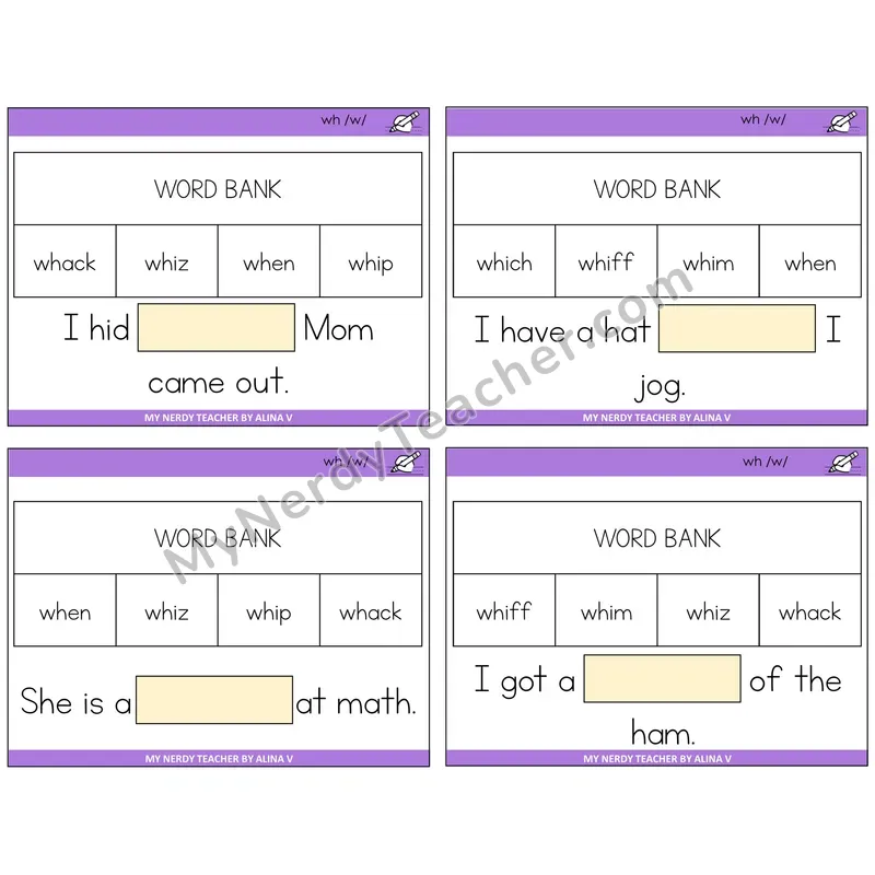 WH Digraph Missing Words Task Cards — Decodable Sentences