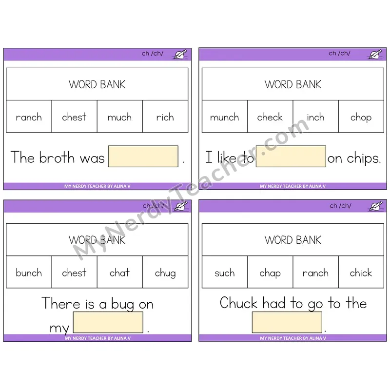 CH Digraph Missing Words Task Cards — Decodable Sentences