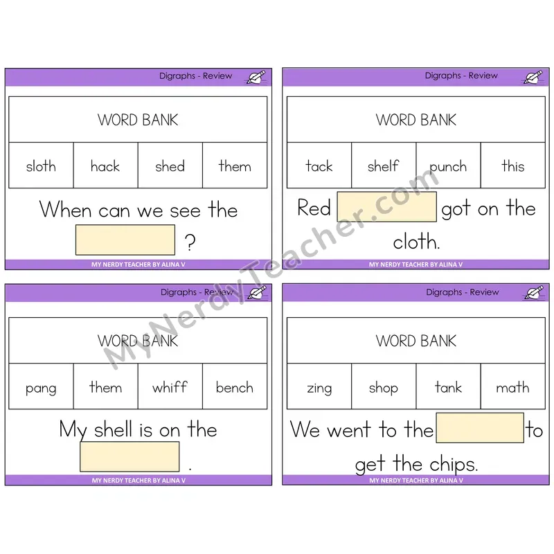 Digraphs Review Missing Words Task Cards — Decodable Sentences
