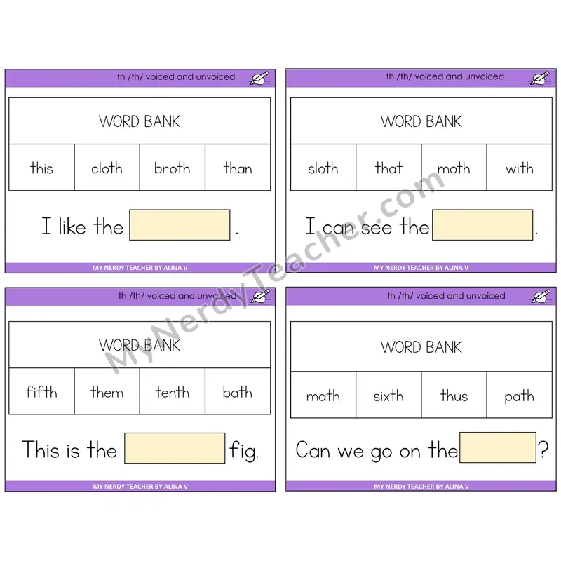 TH Digraph (Voiced + Unvoiced) Missing Words Task Cards — Decodable Sentences