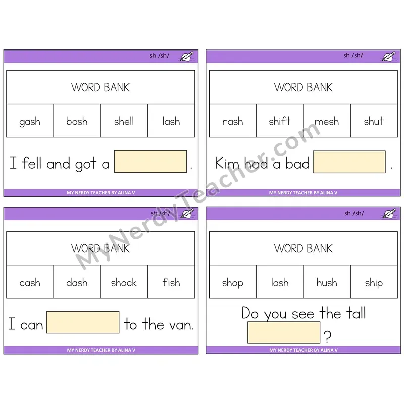 SH Digraph Missing Words Task Cards — Decodable Sentences