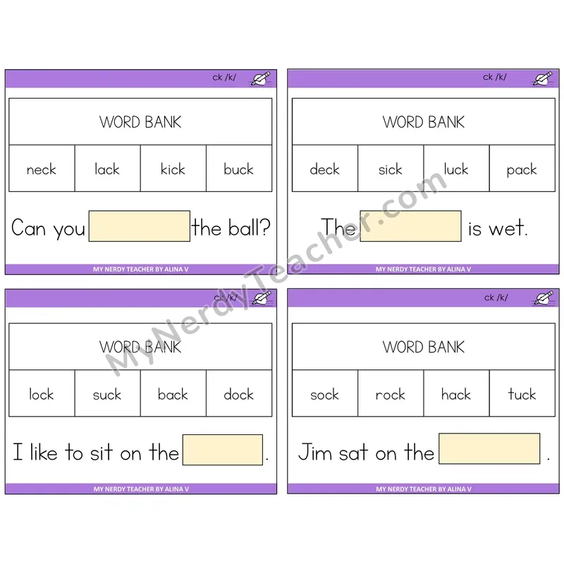 CK Digraph Missing Words Task Cards — Decodable Sentences