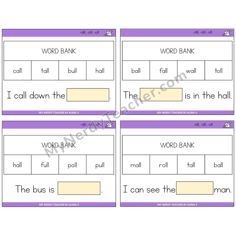 All, Oll, Ull Missing Words Task Cards — Decodable Sentences