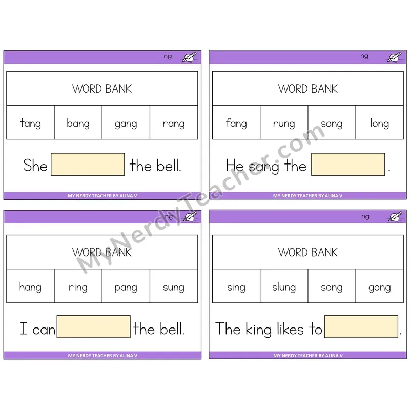NG Digraph Missing Words Task Cards — Decodable Sentences