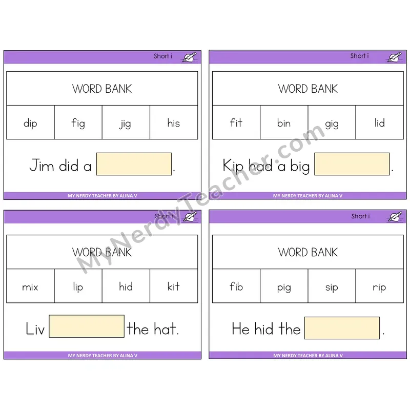 Short I Missing Words Task Cards — Decodable Sentences