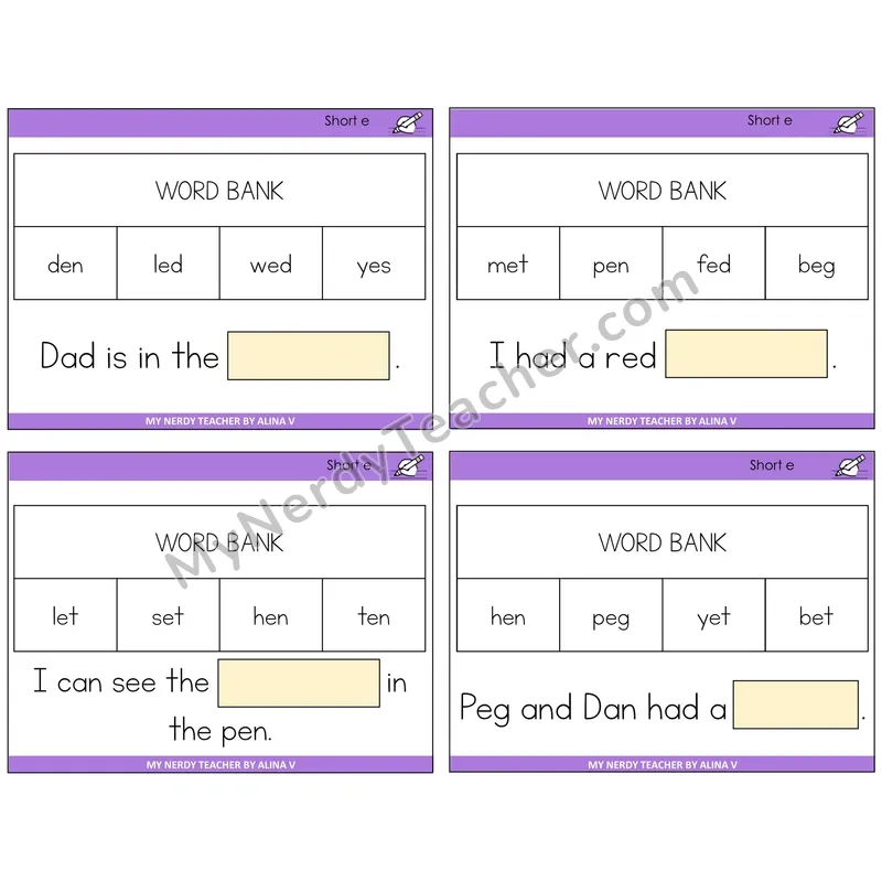 Short E Missing Words Task Cards — Decodable Sentences