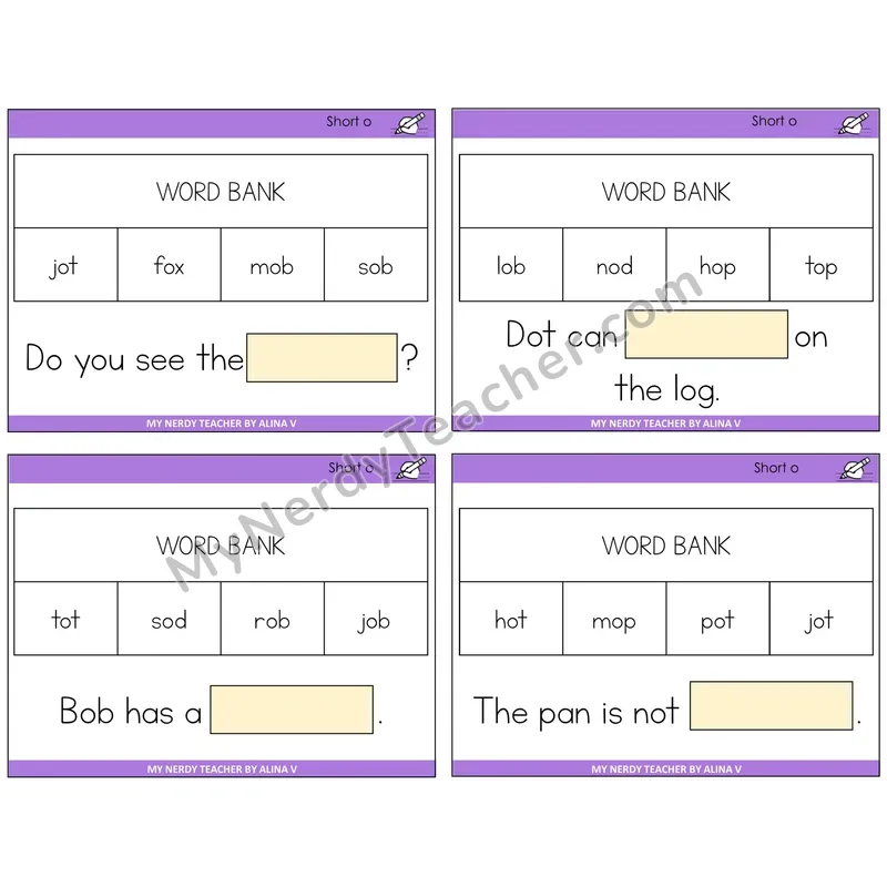 Short O Missing Words Task Cards — Decodable Sentences