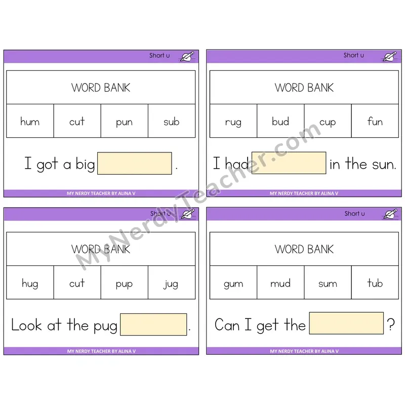 Short U Missing Words Task Cards — Decodable Sentences