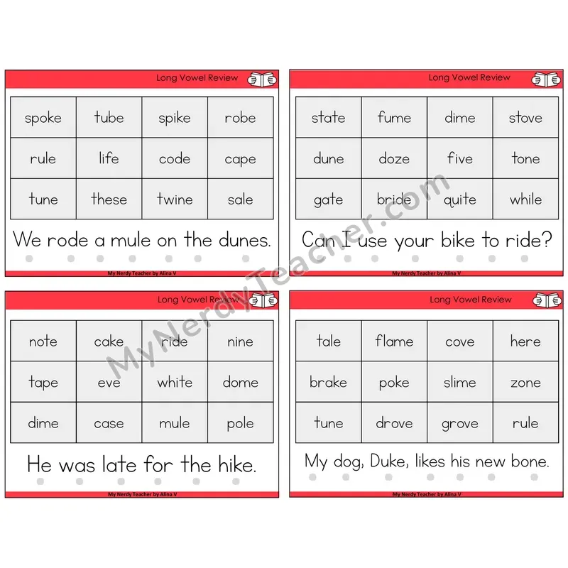 Long Vowels Review Decodable Fluency Mats Task Cards — Decodable Sentences