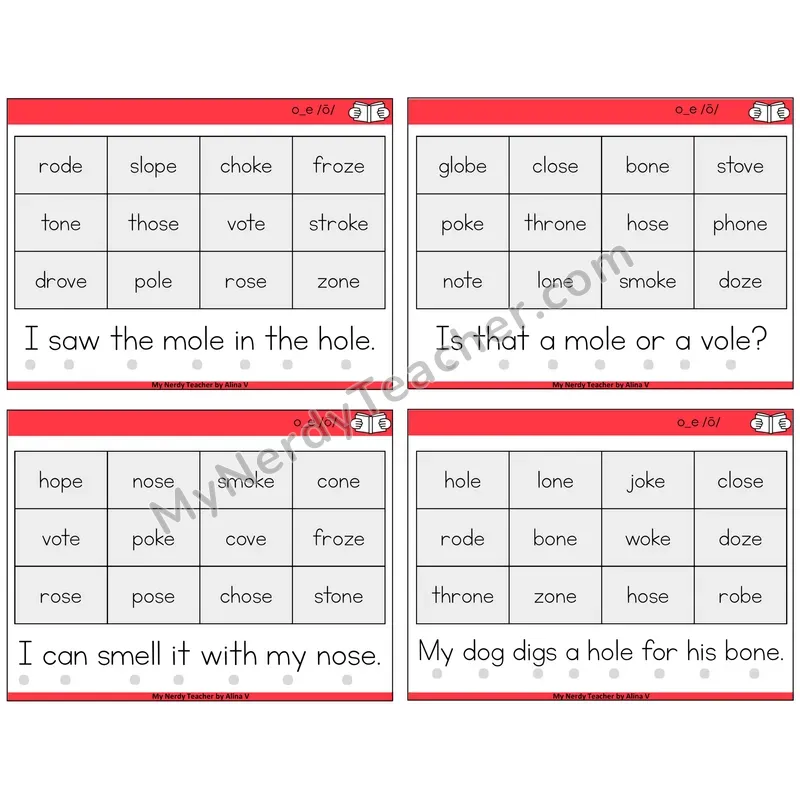 Long O VCe (o_e) Decodable Fluency Mats Task Cards — Decodable Sentences