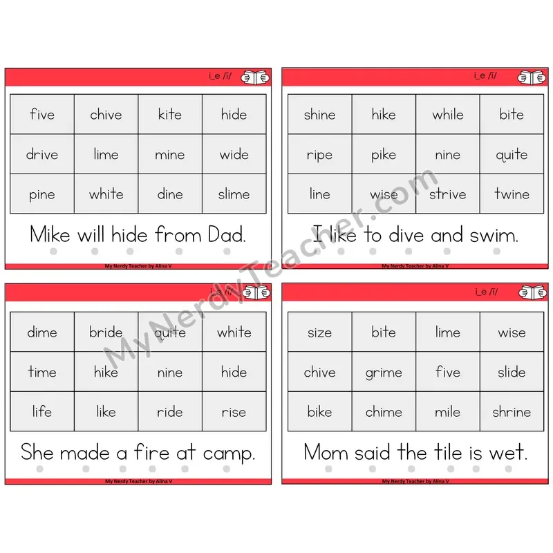 Long I VCe (i_e) Decodable Fluency Mats Task Cards — Decodable Sentences
