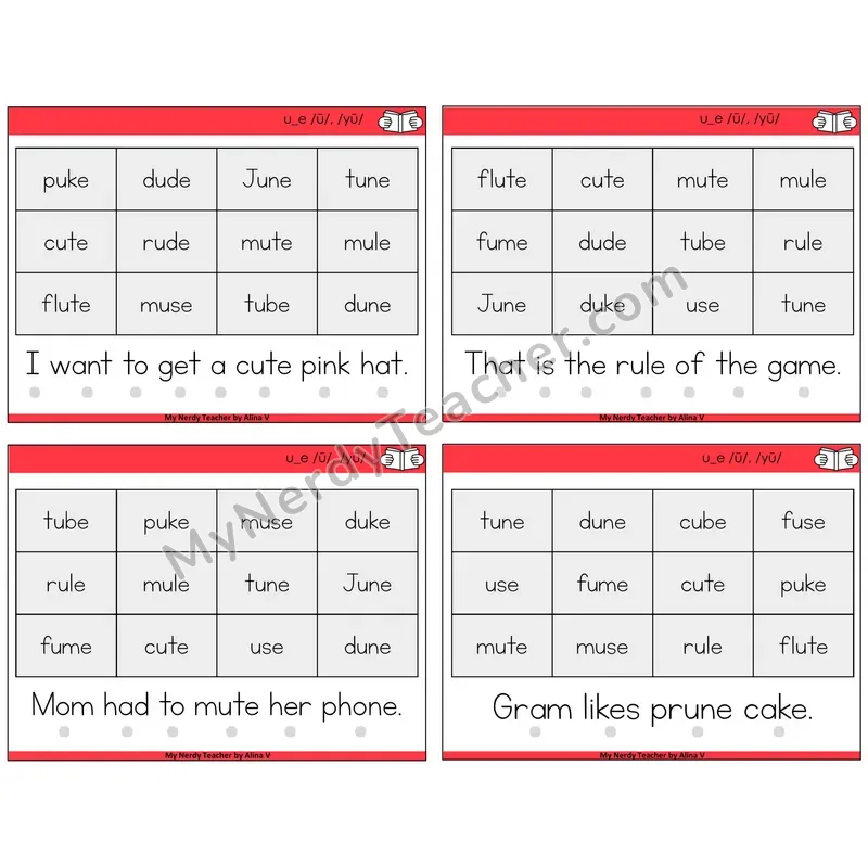 Long U VCe (u_e) Decodable Fluency Mats Task Cards — Decodable Sentences