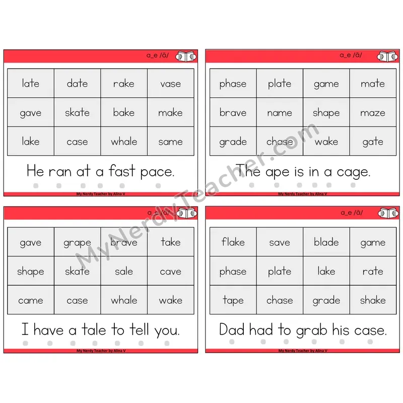 Long A VCe (a_e) Decodable Fluency Mats Task Cards — Decodable Sentences