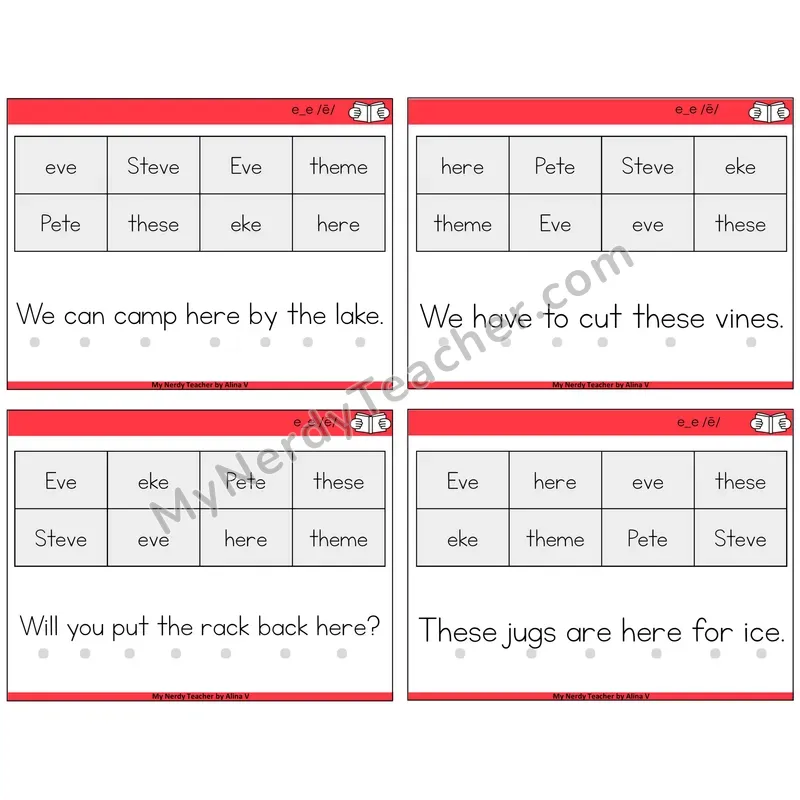 Long E VCe (e_e) Decodable Fluency Mats Task Cards — Decodable Sentences