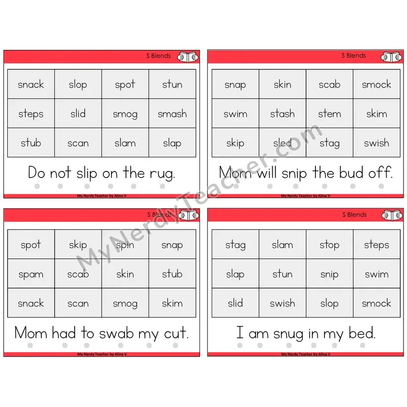 S Blends Decodable Fluency Mats Task Cards — Decodable Sentences