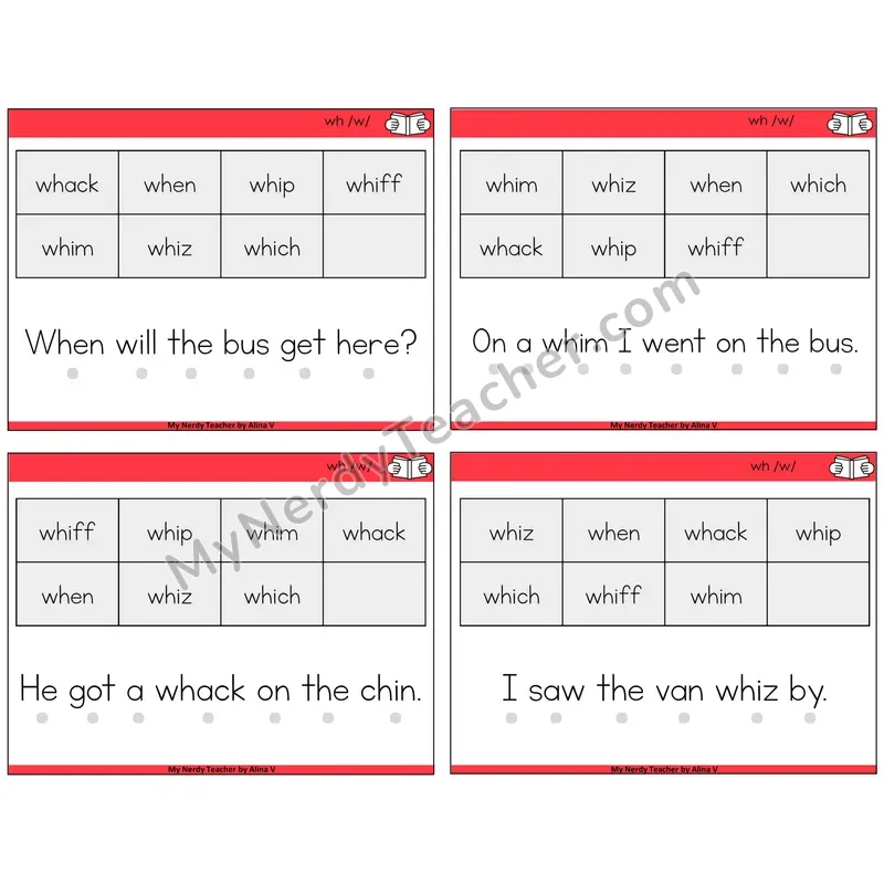 WH Digraph Decodable Fluency Mats Task Cards — Decodable Sentences