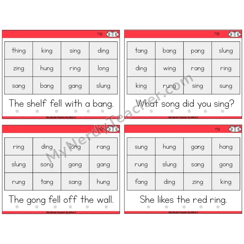 NG Digraph Decodable Fluency Mats Task Cards — Decodable Sentences