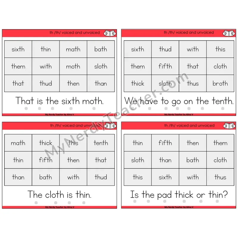 TH Digraph (Voiced + Unvoiced) Decodable Fluency Mats Task Cards — Decodable Sentences