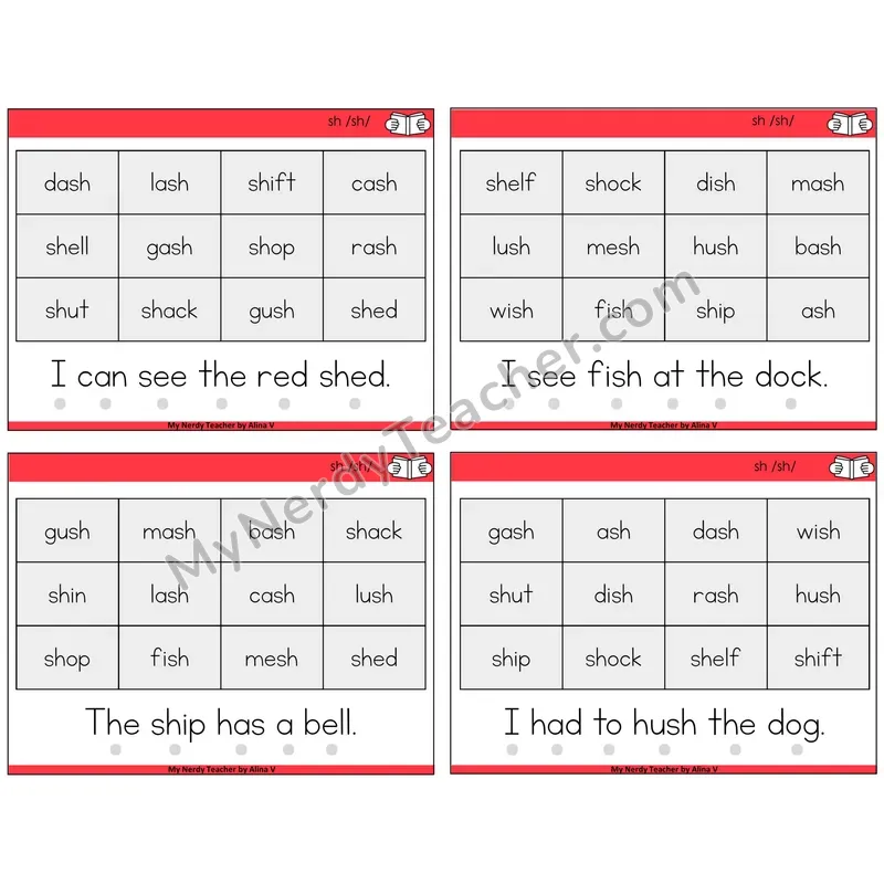 SH Digraph Decodable Fluency Mats Task Cards — Decodable Sentences