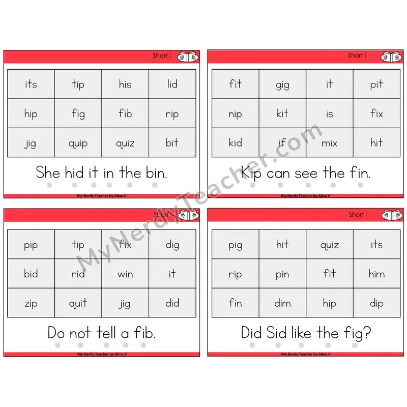 Short I Decodable Fluency Mats Task Cards — Decodable Sentences