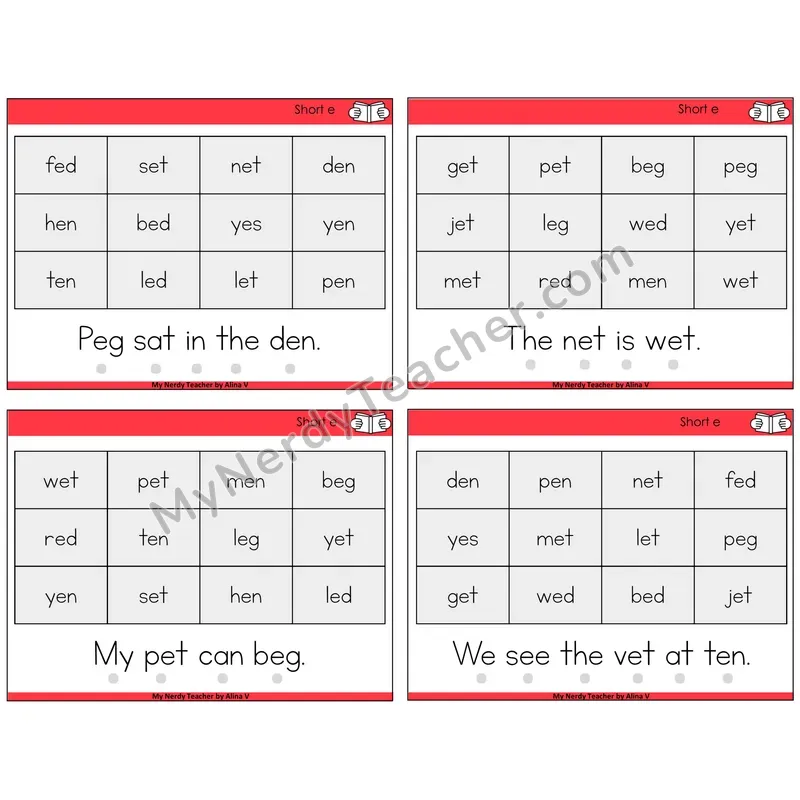 Short E Decodable Fluency Mats Task Cards — Decodable Sentences