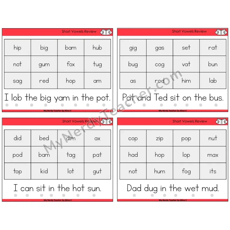 Short Vowels Review Decodable Fluency Mats Task Cards — Decodable Sentences