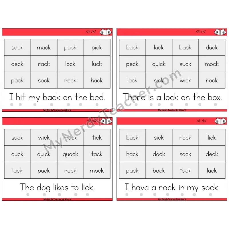 CK Digraph Decodable Fluency Mats Task Cards — Decodable Sentences
