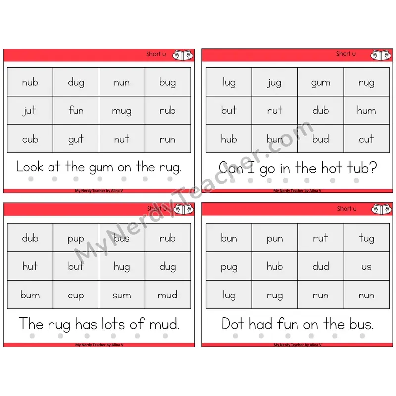 Short U Decodable Fluency Mats Task Cards — Decodable Sentences