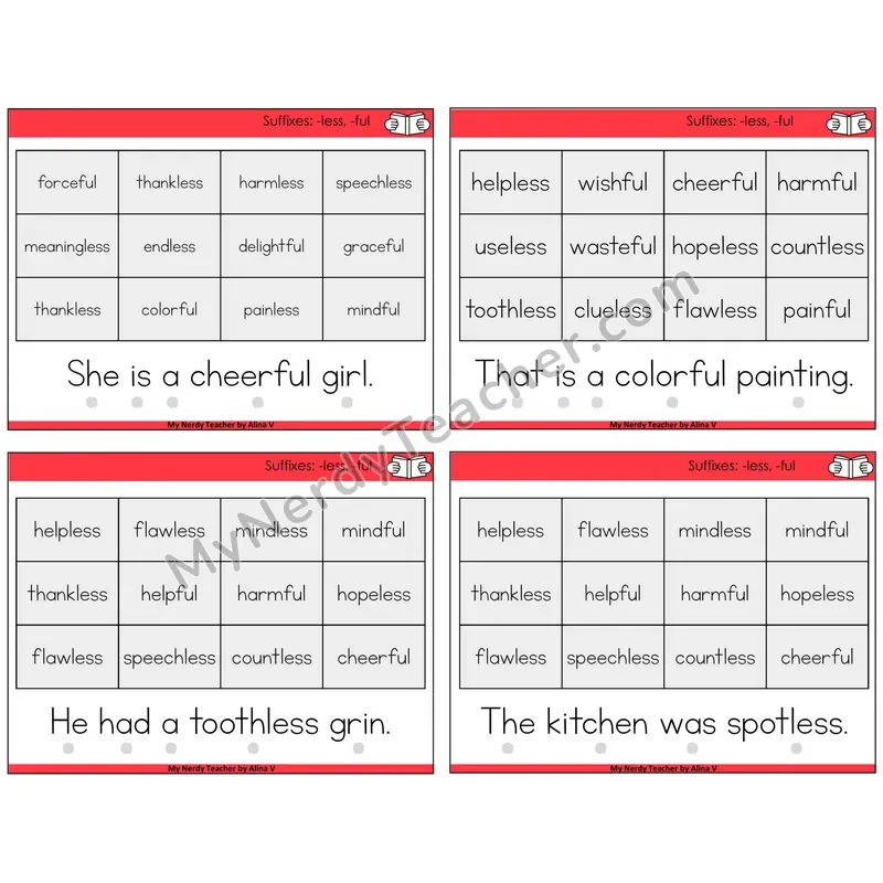 Suffixes -less and -ful Decodable Fluency Mats Task Cards — Decodable Sentences