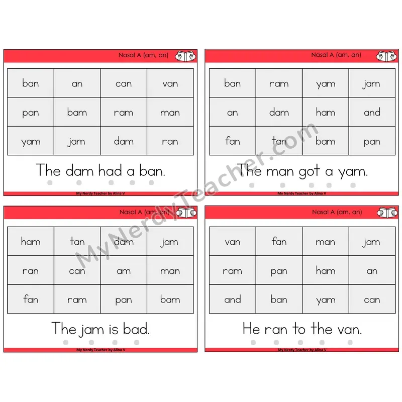Nasalized A (am, an) Decodable Fluency Mats Task Cards — Decodable Sentences