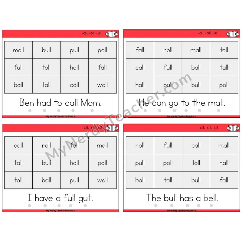 All, Oll, Ull Decodable Fluency Mats Task Cards — Decodable Sentences