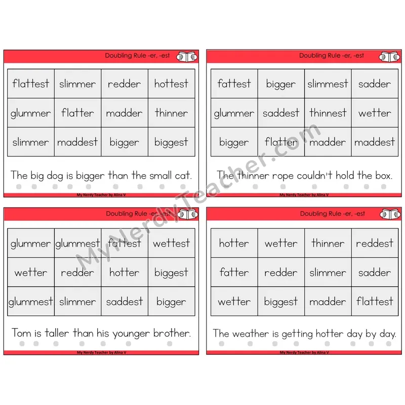 Doubling Rule -er, -est Decodable Fluency Mats Task Cards — Decodable Sentences