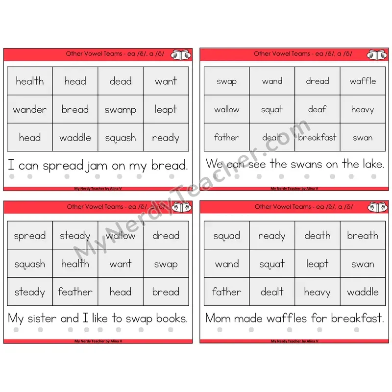 EA (short e) and A (short o) Decodable Fluency Mats Task Cards — Decodable Sentences
