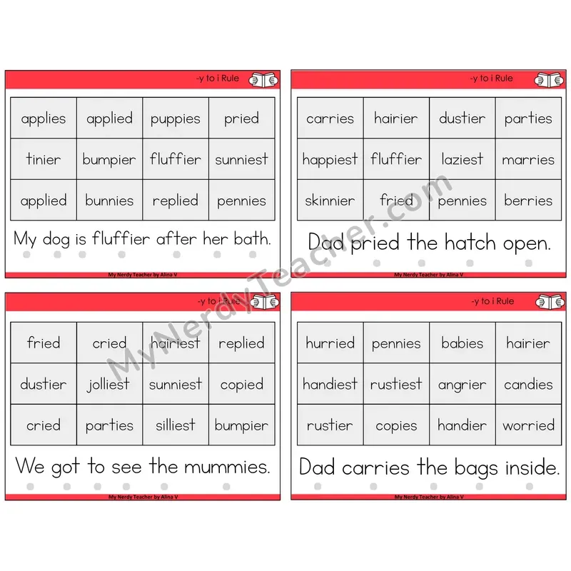 Y to I Rule Decodable Fluency Mats Task Cards — Decodable Sentences