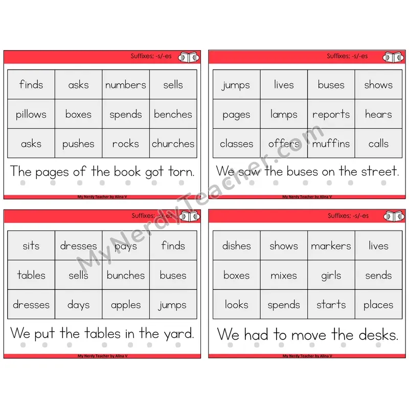 Suffixes -s and -es Decodable Fluency Mats Task Cards — Decodable Sentences