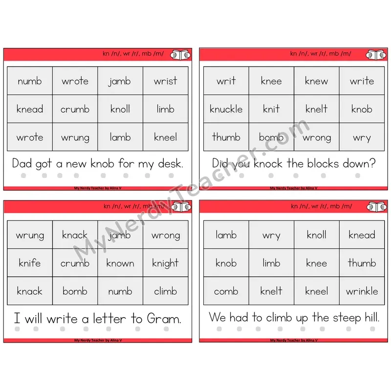 Silent Letters (kn, wr, mb) Decodable Fluency Mats Task Cards — Decodable Sentences