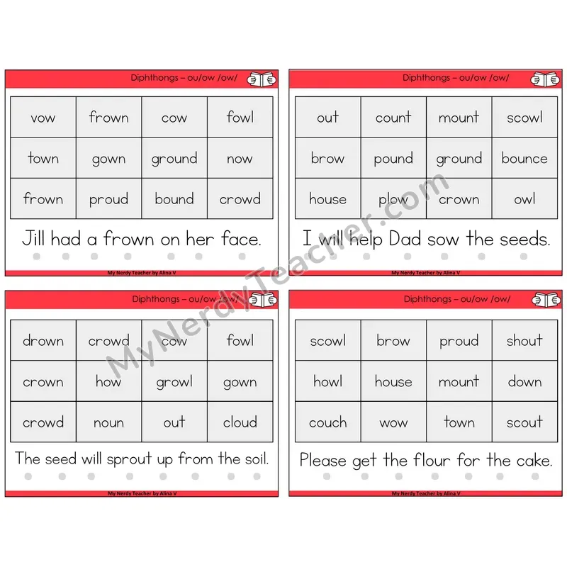 Diphthong OU and OW Decodable Fluency Mats Task Cards — Decodable Sentences