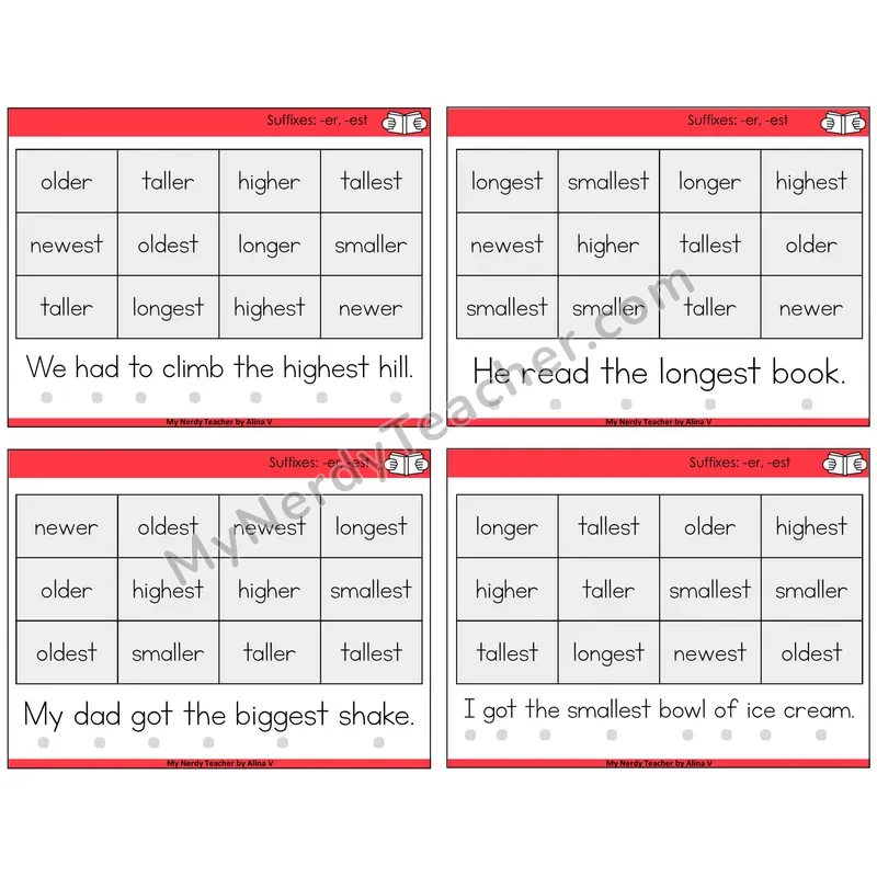 Suffixes -er and -est Decodable Fluency Mats Task Cards — Decodable Sentences