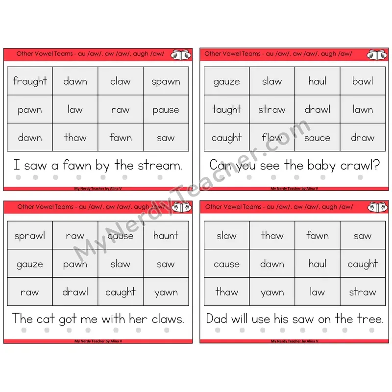 AU, AW, AUGH (/aw/) Decodable Fluency Mats Task Cards — Decodable Sentences
