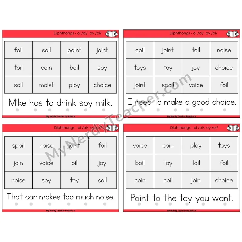 Diphthong OI and OY Decodable Fluency Mats Task Cards — Decodable Sentences