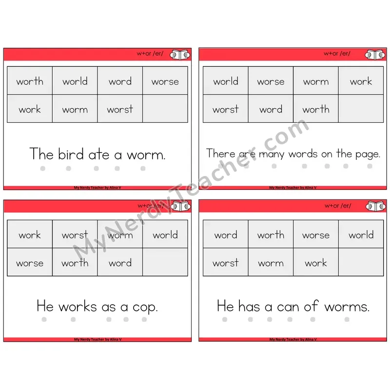 W+OR spelling /er/ Decodable Fluency Mats Task Cards — Decodable Sentences